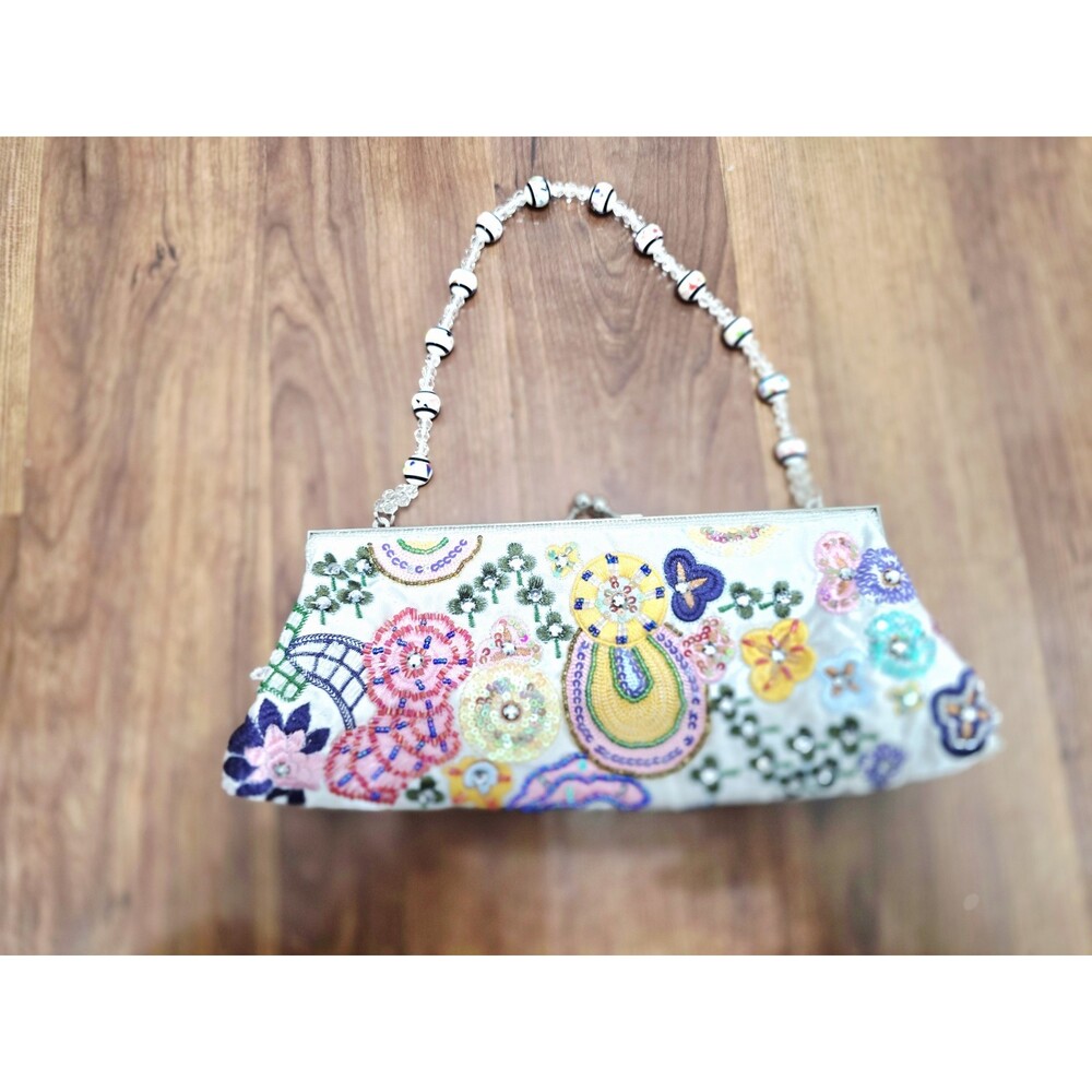 Vintage Beaded Floral Embroidery Clutch Purse Evening Festival Whimsy bag Boho